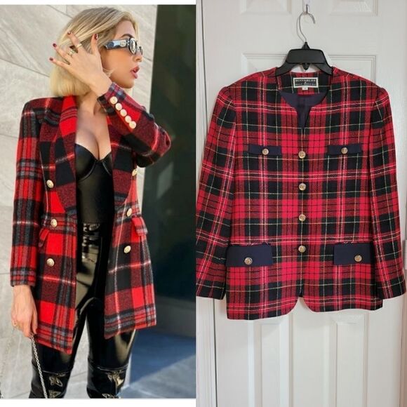 Vintage Plaid/Gold Bottons Blazer 14 - Picture 1 of 9